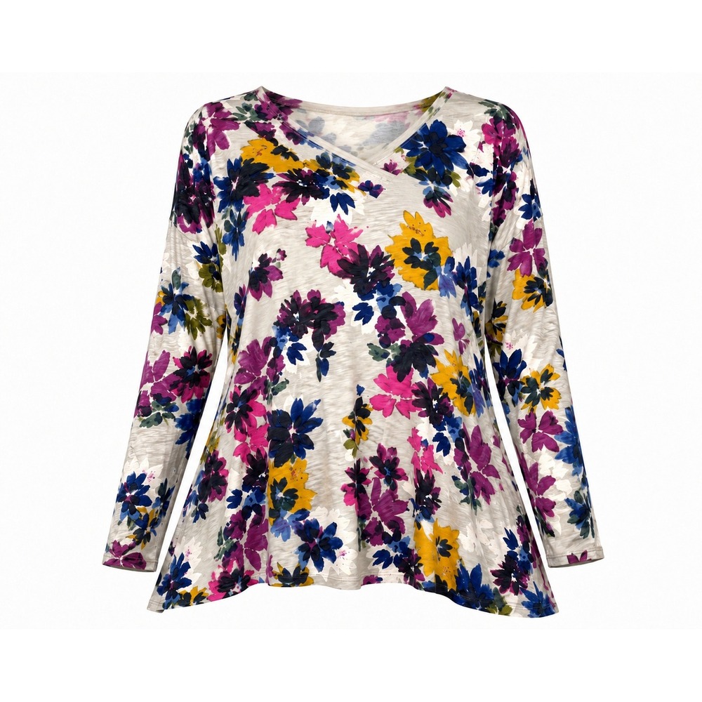 Habitat Top Floral Boho Tunic Lagenlook Slub Knit Cotton Artsy Cottagecore